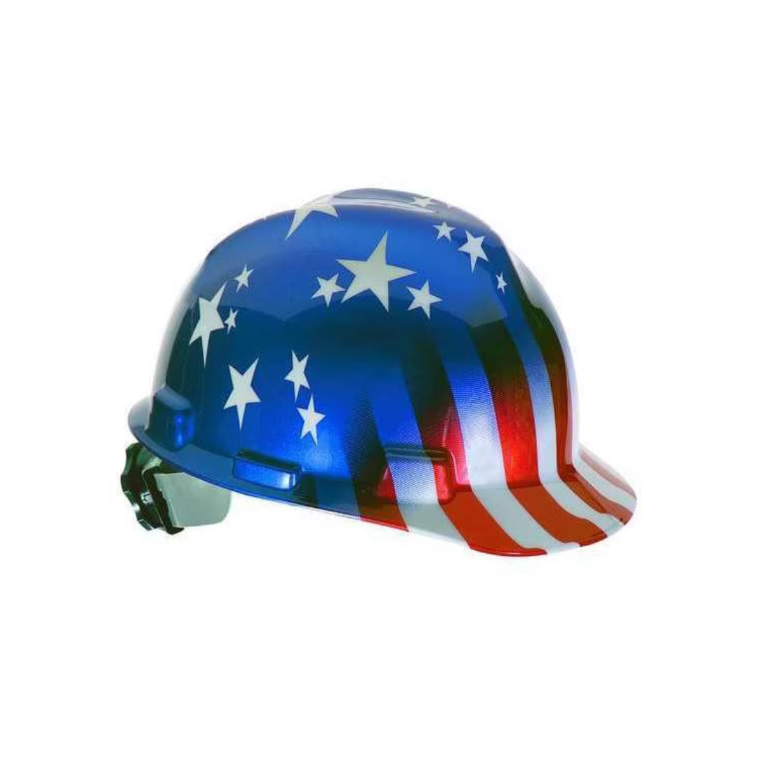 USA Flag Front Brim Hard Hat, Class E, Type 1, 6-Point Suspension USA Flag Front Brim Hard Hat, Class E, Type 1, 6-Point Suspension
